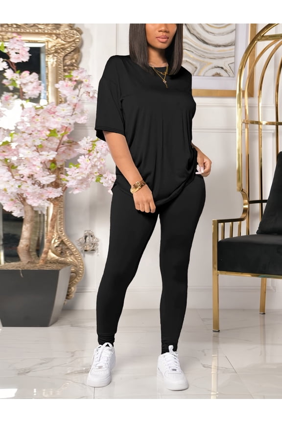 Women 2 Piece Outfits Summer Sweatsuits Drop Shoulder Tracksuits Biker Short Workout Jogger Sets Black