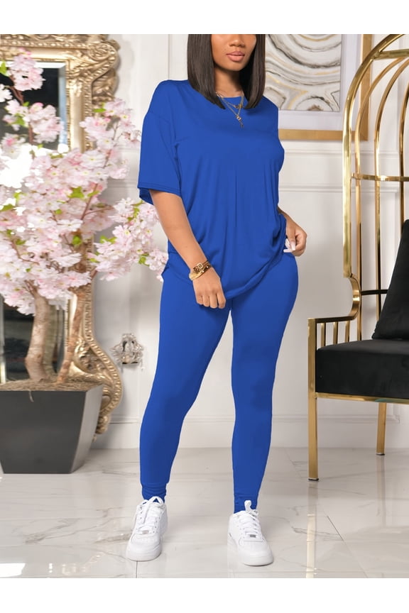 Women 2 Piece Outfits Summer Sweatsuits Drop Shoulder Tracksuits Biker Short Workout Jogger Sets Blue