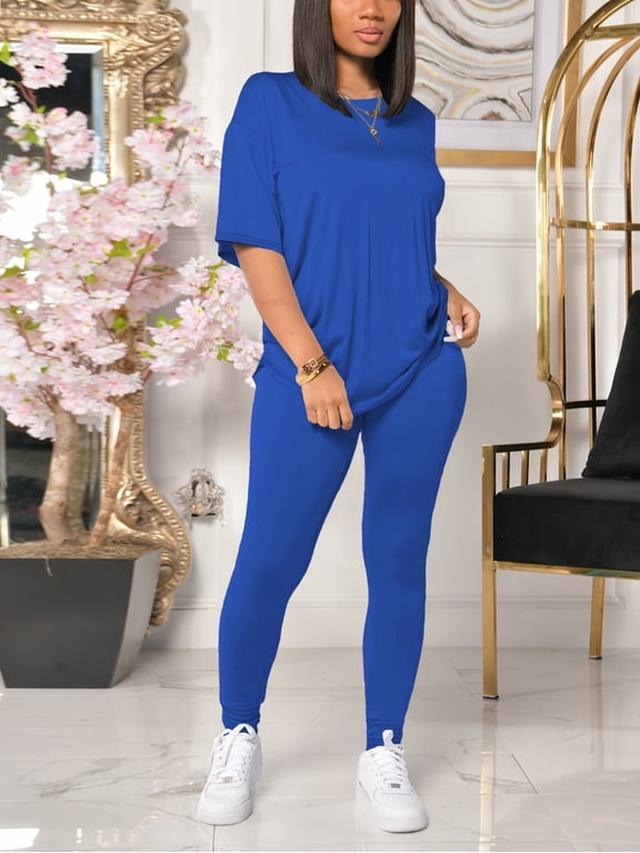 Women 2 Piece Outfits Summer Sweatsuits Drop Shoulder Tracksuits Workout Jogger Sets Blue