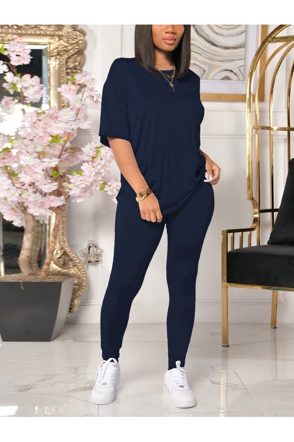 Women 2 Piece Outfits Summer Sweatsuits Drop Shoulder Tracksuits Biker Short Workout Jogger Sets Deep Blue