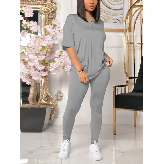 Women 2 Piece Outfits Summer Sweatsuits Drop Shoulder Tracksuits Biker Short Workout Jogger Sets Gray