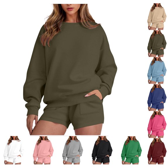 Women 2 Piece Outfits Sweat Shorts Sets 2025 Oversized Casual Lounge Matching Set Sweatsuit Tracksuit Fall Clothes,Army Green M