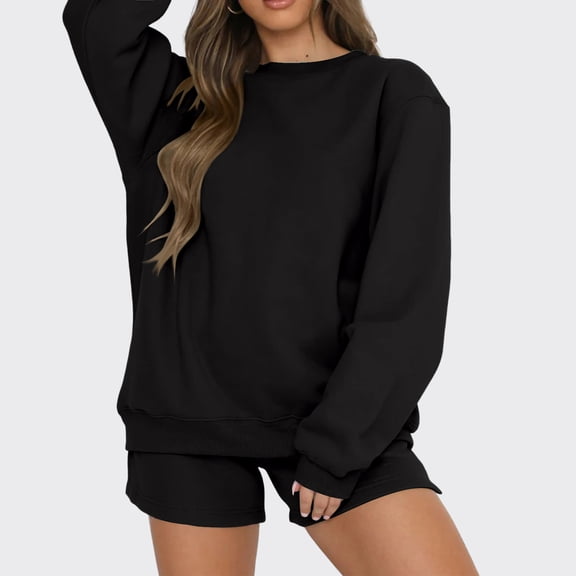 Women 2 Piece Outfits Sweat Shorts Sets 2025 Oversized Casual Lounge Matching Set Sweatsuit Tracksuit Fall Clothes Black M