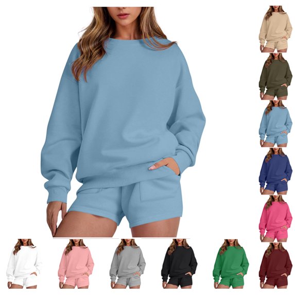 Women 2 Piece Outfits Sweat Shorts Sets 2025 Oversized Casual Lounge Matching Set Sweatsuit Tracksuit Fall Clothes,Sky Blue XXL