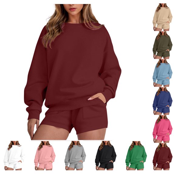 Women 2 Piece Outfits Sweat Shorts Sets 2025 Oversized Casual Lounge Matching Set Sweatsuit Tracksuit Fall Clothes,Wine XXL