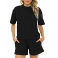 thumbnail image 1 of Women 2 Piece Outfits Sweat Shorts Sets 2025 Trendy Crew Neck Short Sleeve Sweatshirts and Shorts with Pockets Matching Set Sweatsuit Tracksuit Summer Clothes，Ot-10，Black，XL, 1 of 6