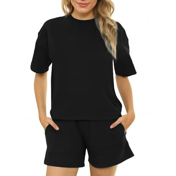 Women 2 Piece Outfits Sweat Shorts Sets 2025 Trendy Crew Neck Short Sleeve Sweatshirts and Shorts with Pockets Matching Set Sweatsuit Tracksuit Summer Clothes，Ot-10，Black，L