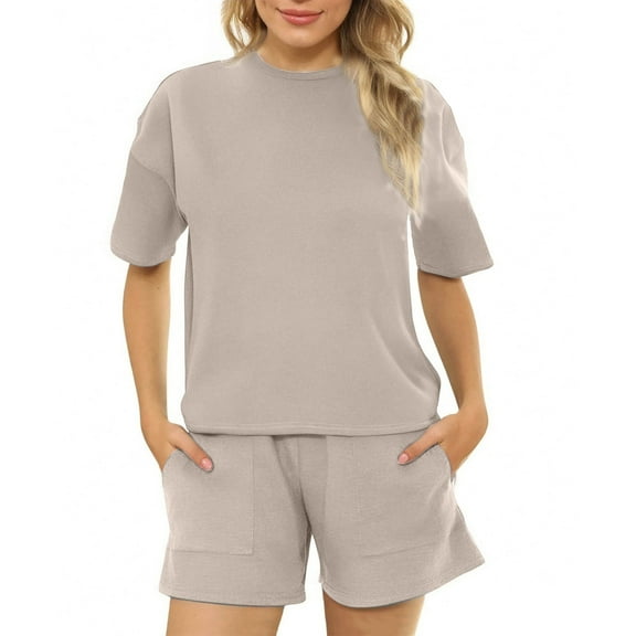 Women 2 Piece Outfits Sweat Shorts Sets 2025 Trendy Crew Neck Short Sleeve Sweatshirts and Shorts with Pockets Matching Set Sweatsuit Tracksuit Summer Clothes，Ot-10，Khaki，M