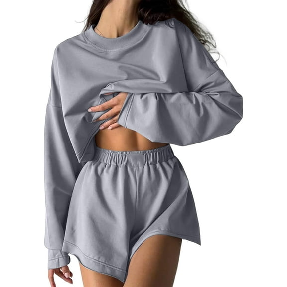 Women 2 Piece Outfits Sweat Shorts Sets Oversized Casual Lounge Matching Set Sweatsuit Tracksuit Fall Clothes Grey S