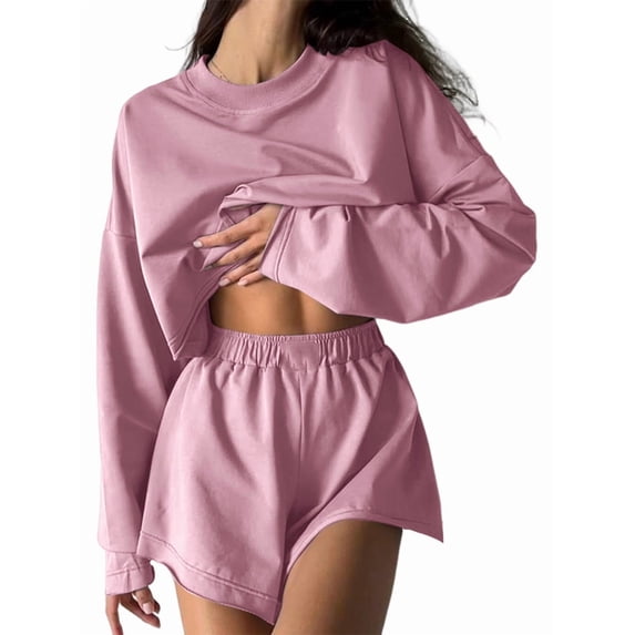 Women 2 Piece Outfits Sweat Shorts Sets Oversized Casual Lounge Matching Set Sweatsuit Tracksuit Fall Clothes Pink L