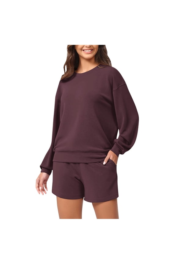 Women 2 Piece Outfits Sweat Shorts Sets Oversized Casual Lounge Matching Set Sweatsuit Tracksuit Spring 2025 Clothes (L, Purple)