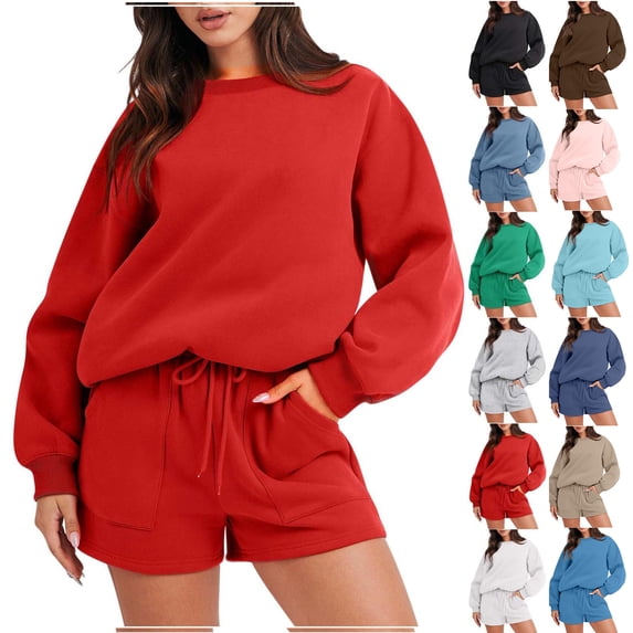 Women 2 Piece Outfits Sweat Shorts Sets Oversized Casual Solid Color Long Sleeve Pullover Sweatshirt Matching Set Fall Sweatsuit Tracksuit, L