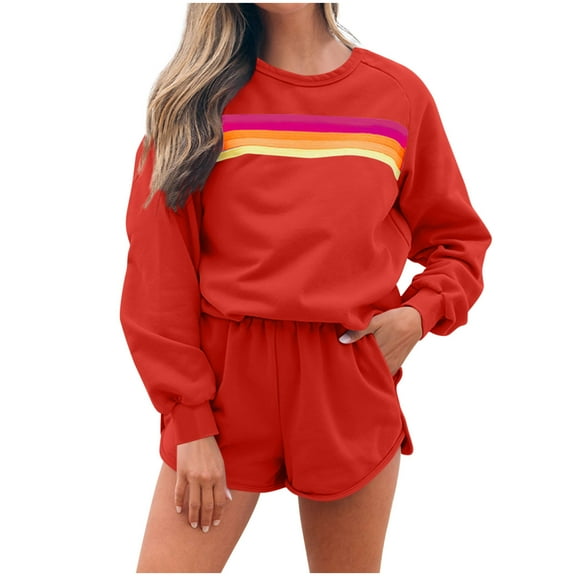 Women 2 Piece Outfits Sweat Shorts Sets Striped Casual Lounge Matching Set Sweatsuits Travel Tracksuit, S