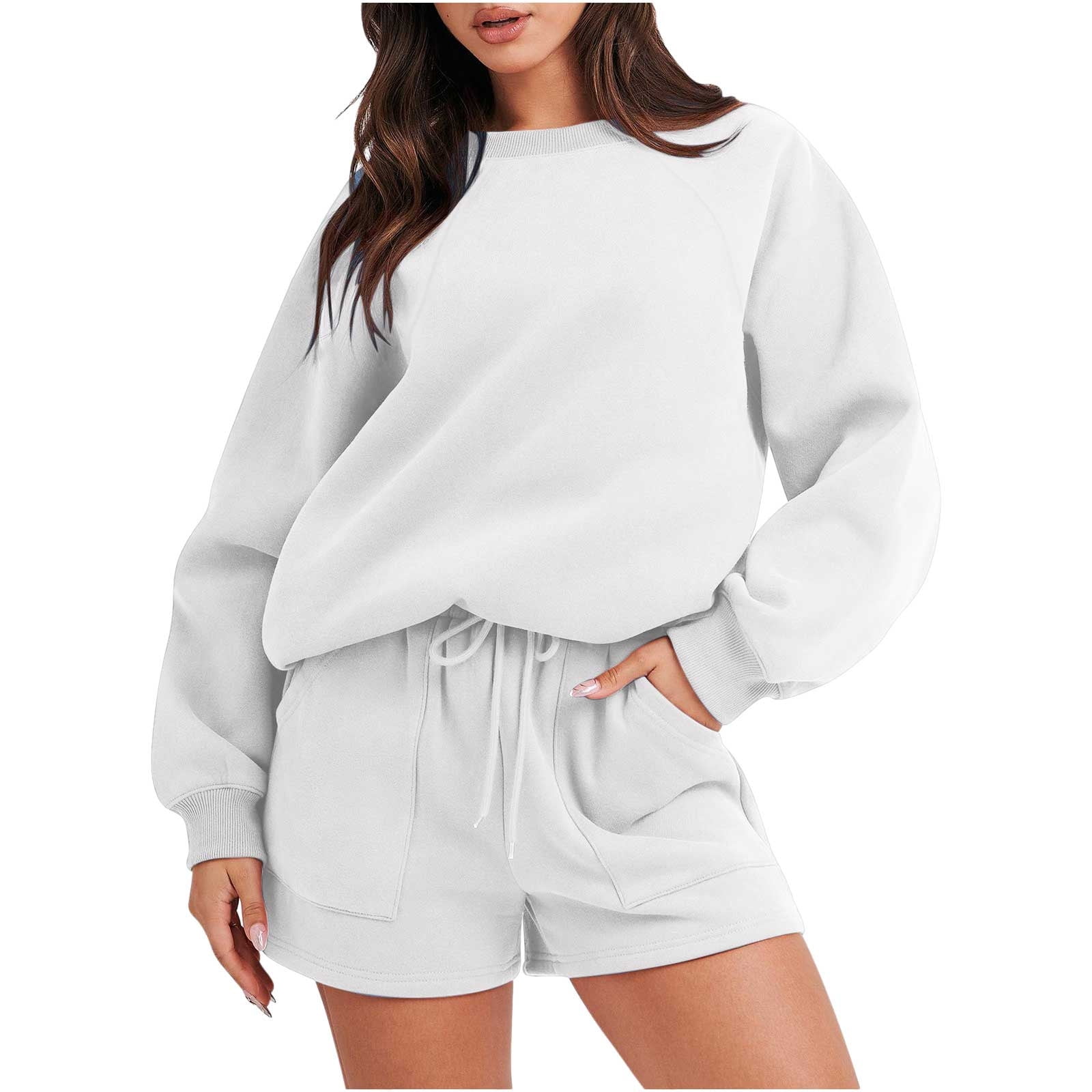 Women 2 Piece Outfits SweatShorts Long Sleeve Round Neck Sweatshirt ...