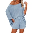 thumbnail image 1 of Women 2 Piece Outfits Sweater Sets Solid Off Shoulder Knit Suit Pullover & Shorts, 1 of 4