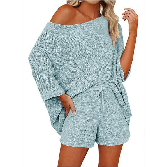 Women 2 Piece Outfits Sweater Sets Solid Off Shoulder Knit Suit Pullover & Shorts