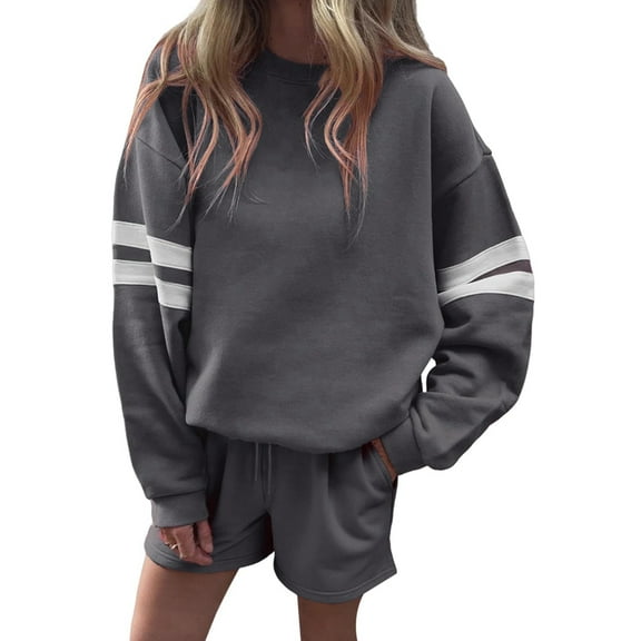 Women 2 Piece Outfits Sweatsuit Casual Long Sleeve Pullover and Shorts Sets Travel Tracksuit Dark Grey M
