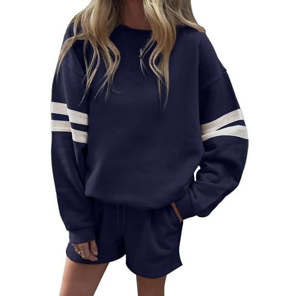 Women 2 Piece Outfits Sweatsuit Casual Long Sleeve Pullover and Shorts Sets Travel Tracksuit Navy Blue S