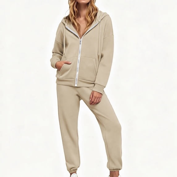 Women 2 Piece Outfits Sweatsuit Full Zip Hooded Sweatshirt Jacket Jogger Pants Casual Loose Tracksuit Set with Pockets for Workout Jogging Daily Street Going‑out Wear Beige XXL