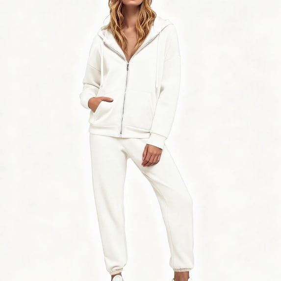 Women 2 Piece Outfits Sweatsuit Full Zip Hooded Sweatshirt Jacket Jogger Pants Casual Loose Tracksuit Set with Pockets for Workout Jogging Daily Street Going‑out Wear White XL