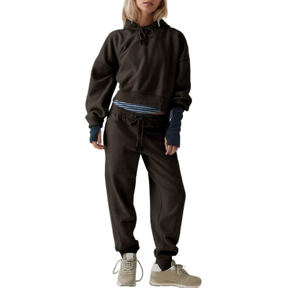 Women 2 Piece Outfits Sweatsuit Hoodie Sweatshirt Jogger Sets Lounge Tracksuit Set 03-Coffee S