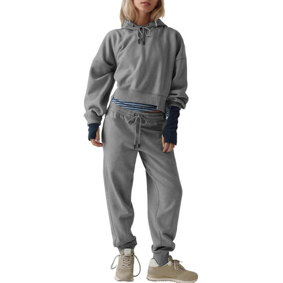 Women 2 Piece Outfits Sweatsuit Hoodie Sweatshirt Jogger Sets Lounge Tracksuit Set 04-Gray XL