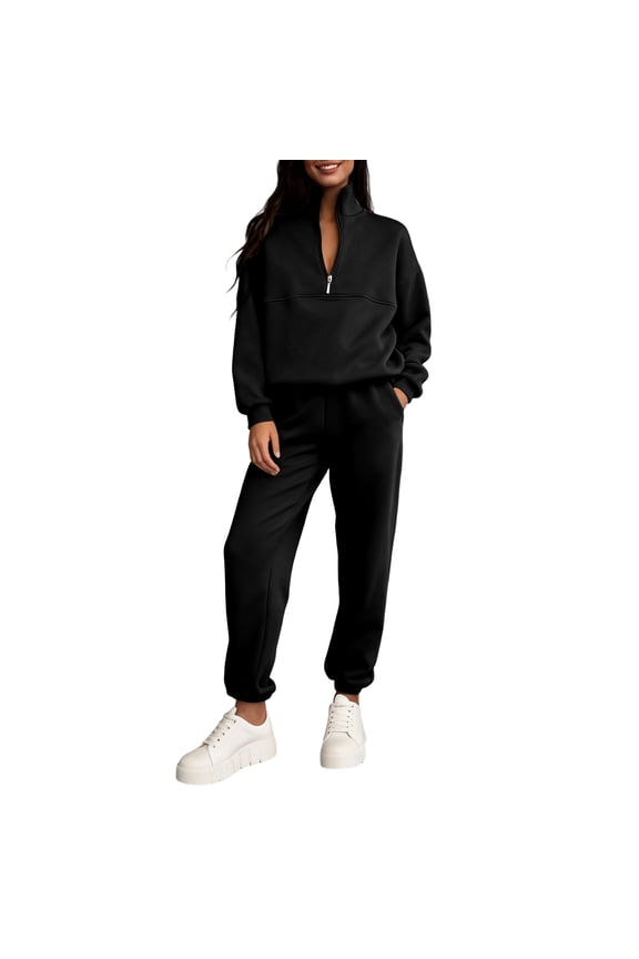 Women 2 Piece Outfits Sweatsuit Oversized Half Zip Pullover Long Sleeve Sweatshirt Jogger Pants Set with Pockets Black S