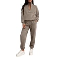 thumbnail image 1 of Women 2 Piece Outfits Sweatsuit Oversized Half Zip Pullover Long Sleeve Sweatshirt Jogger Pants Set with Pockets Camel L, 1 of 3