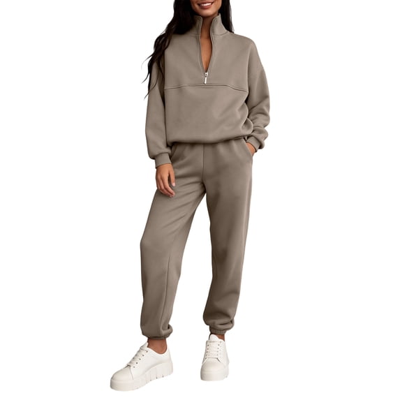 Women 2 Piece Outfits Sweatsuit Oversized Half Zip Pullover Long Sleeve Sweatshirt Jogger Pants Set with Pockets Camel L