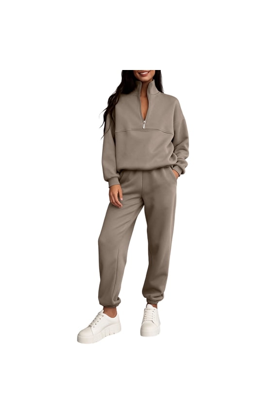 Women 2 Piece Outfits Sweatsuit Oversized Half Zip Pullover Long Sleeve Sweatshirt Jogger Pants Set with Pockets Camel 2XL