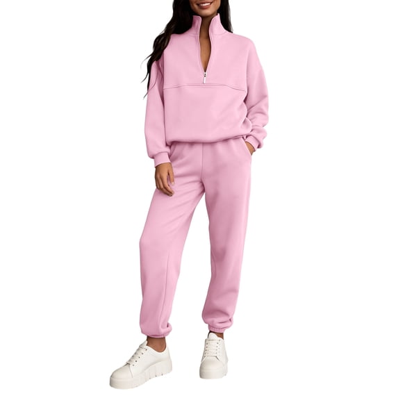 Women 2 Piece Outfits Sweatsuit Oversized Half Zip Pullover Long Sleeve Sweatshirt Jogger Pants Set with Pockets Pink L