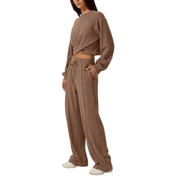 Women 2 Piece Outfits Sweatsuit Set Twist Front Cropped Sweatshirt Wide Leg Sweatpant Lounge Set Camel XL