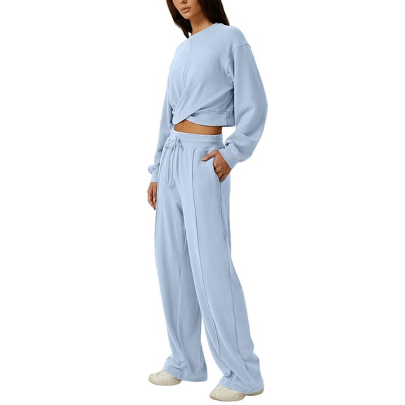 Women 2 Piece Outfits Sweatsuit Set Twist Front Cropped Sweatshirt Wide Leg Sweatpant Lounge Set Light Blue XL
