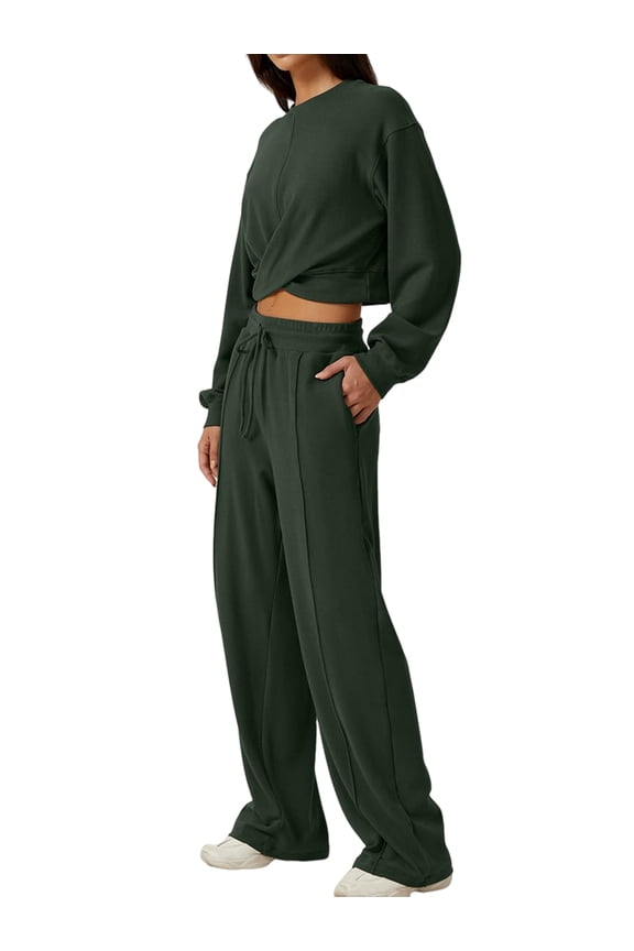 Women 2 Piece Outfits Sweatsuit Set Twist Front Cropped Sweatshirt Wide Leg Sweatpant Lounge Set Olive Green M
