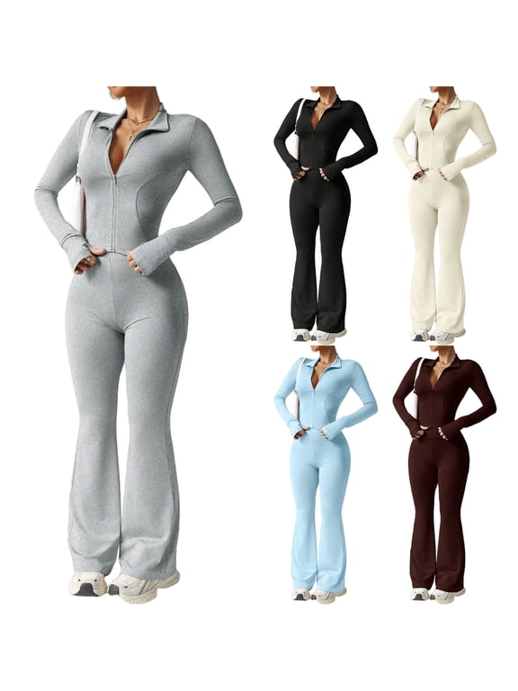 Women 2 Piece Outfits Tracksuit Set Long Sleeve Zipper Yoga Jacket and Flare Pants Workout Set With Pockets
