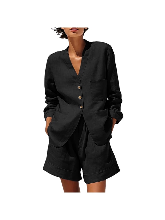 Women 2 Piece Outfits V Neck Long Sleeve Button Down Blazer Shorts Sets Business Work Matching Set