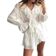thumbnail image 1 of Women 2 Piece Outfits V Neck Ruffle Tie Front Blouse Tops Lounge Sets White M, 1 of 9