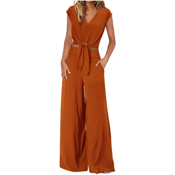 Women 2 Piece Outfits V Neck Sleeveless Tank Crop Top and High Waist Trousers Going Out Summer Loose Wide Leg Pants Casual Elegant Party Costumes Lounge Sets