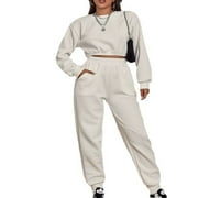 CHARELLA Women 2 Piece Outfits Waffle Top Long Sleeve Pullover Sweater Pants Jogger Sets with Pockets Crew Neck Sweatsuits Solid Color Winter Suit (Beige L）