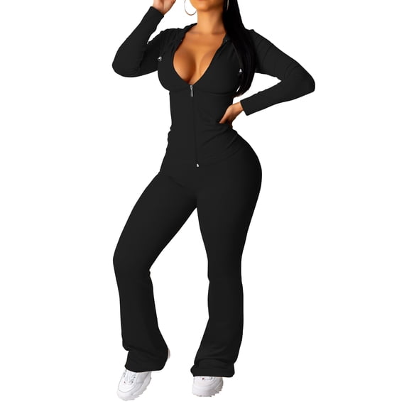 Women 2 Piece Outfits Workout Bodycon Tracksuit Long Sleeve Zip Up Hoodie Jacket Matching Flared Pants Sets Black L