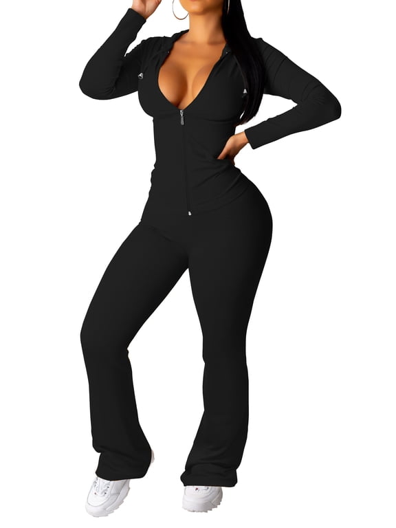 Women 2 Piece Outfits Workout Bodycon Tracksuit Long Sleeve Zip Up Hoodie Jacket Matching Flared Pants Sets Black XL