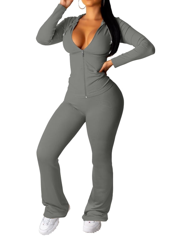 Women 2 Piece Outfits Workout Bodycon Tracksuit Long Sleeve Zip Up Hoodie Jacket Matching Flared Pants Sets Gray L