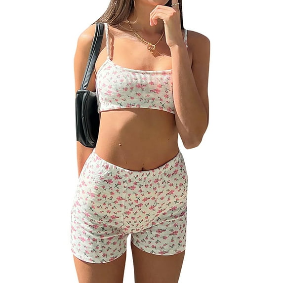 Women 2 Piece Outfits Y2K Floral Shorts Set Summer Crop Tank Tops High Waist Short Pants Streetwear Lounge Sets