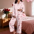 thumbnail image 1 of Women 2 Piece Pajama Set Heart Print Long Sleeves Button Down Lapel Shirt Long Pants Matching Sets Loungewear Pink L, 1 of 9