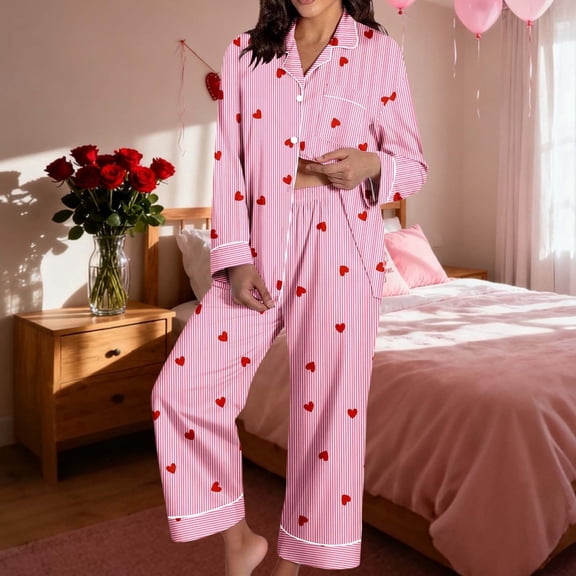 Women 2 Piece Pajama Set Heart Print Long Sleeves Button Down Lapel Shirt Long Pants Matching Sets Loungewear Pink S