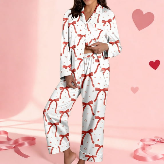 Women 2 Piece Pajama Set Heart Print Long Sleeves Button Down Lapel Shirt Long Pants Matching Sets Loungewear Red XXL