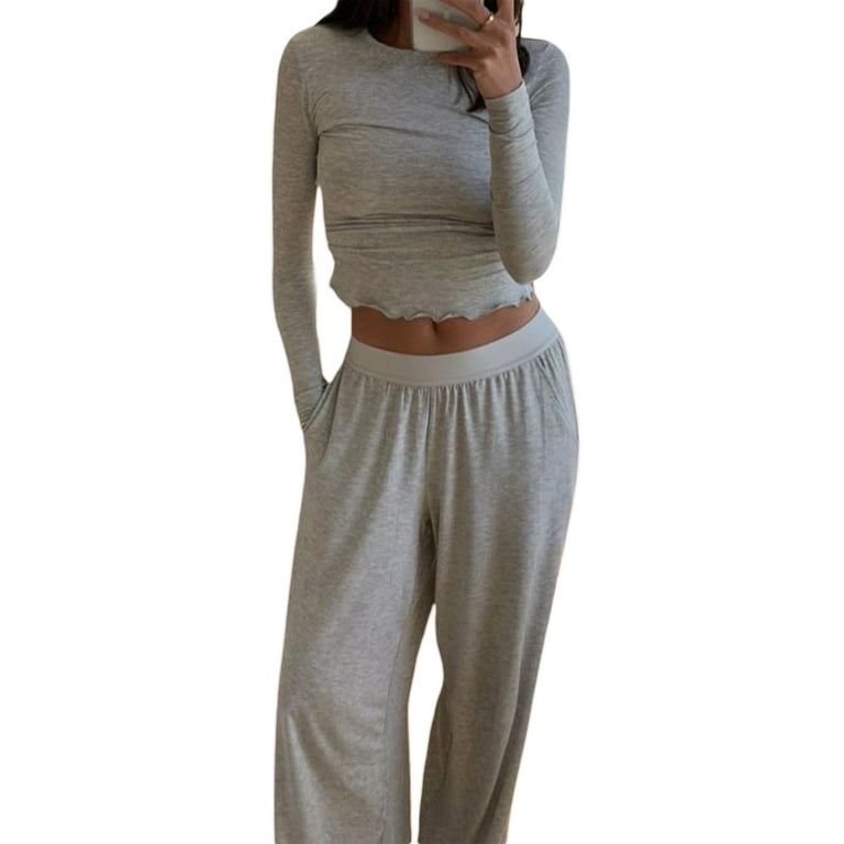 Women Piece Pajama Set Long Sleeve Crop Tops and Elastic Wide