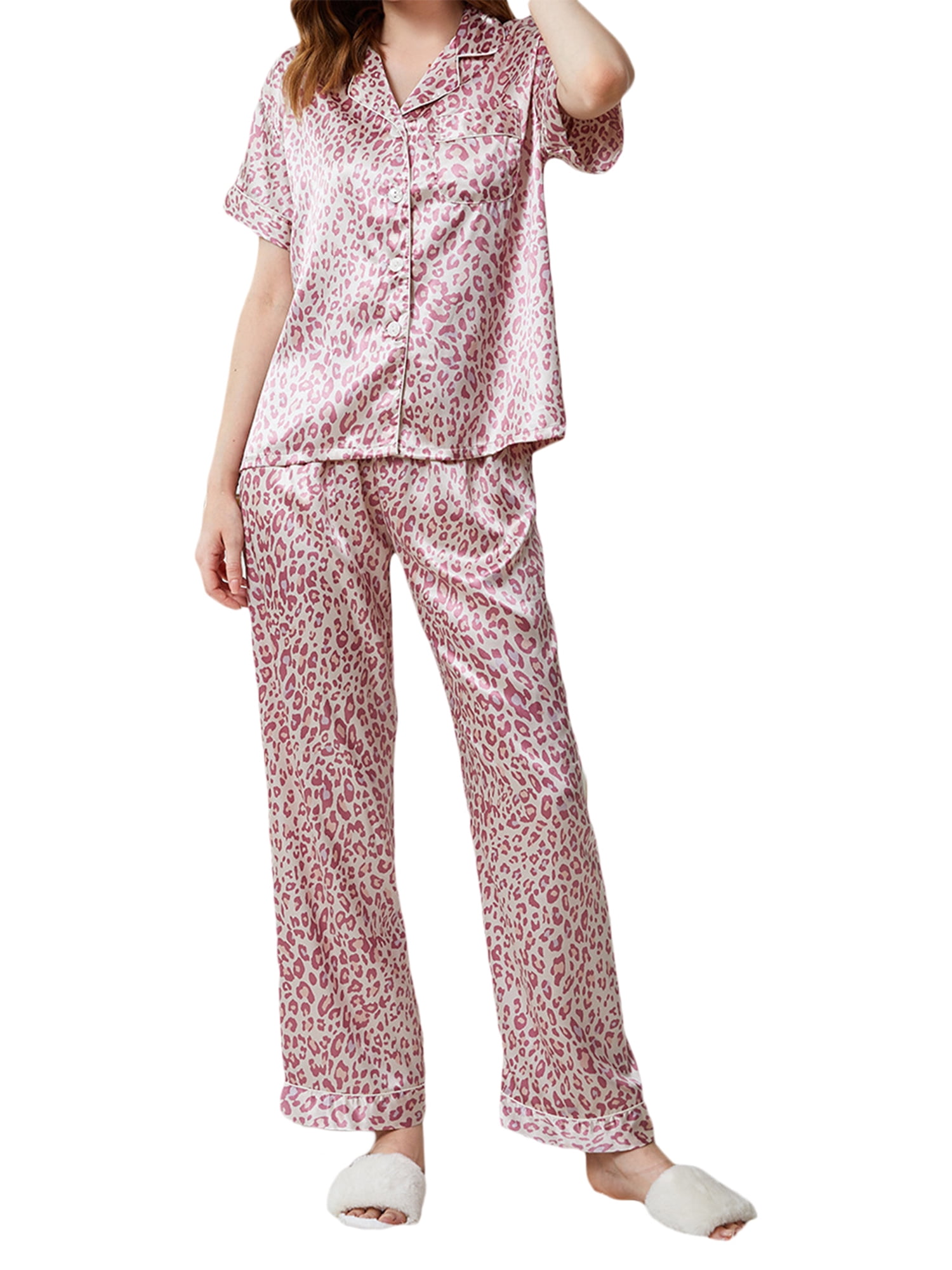 Women 2 Piece Pajamas Set, Leopard Button Shirt + Pants Set Sleepwear