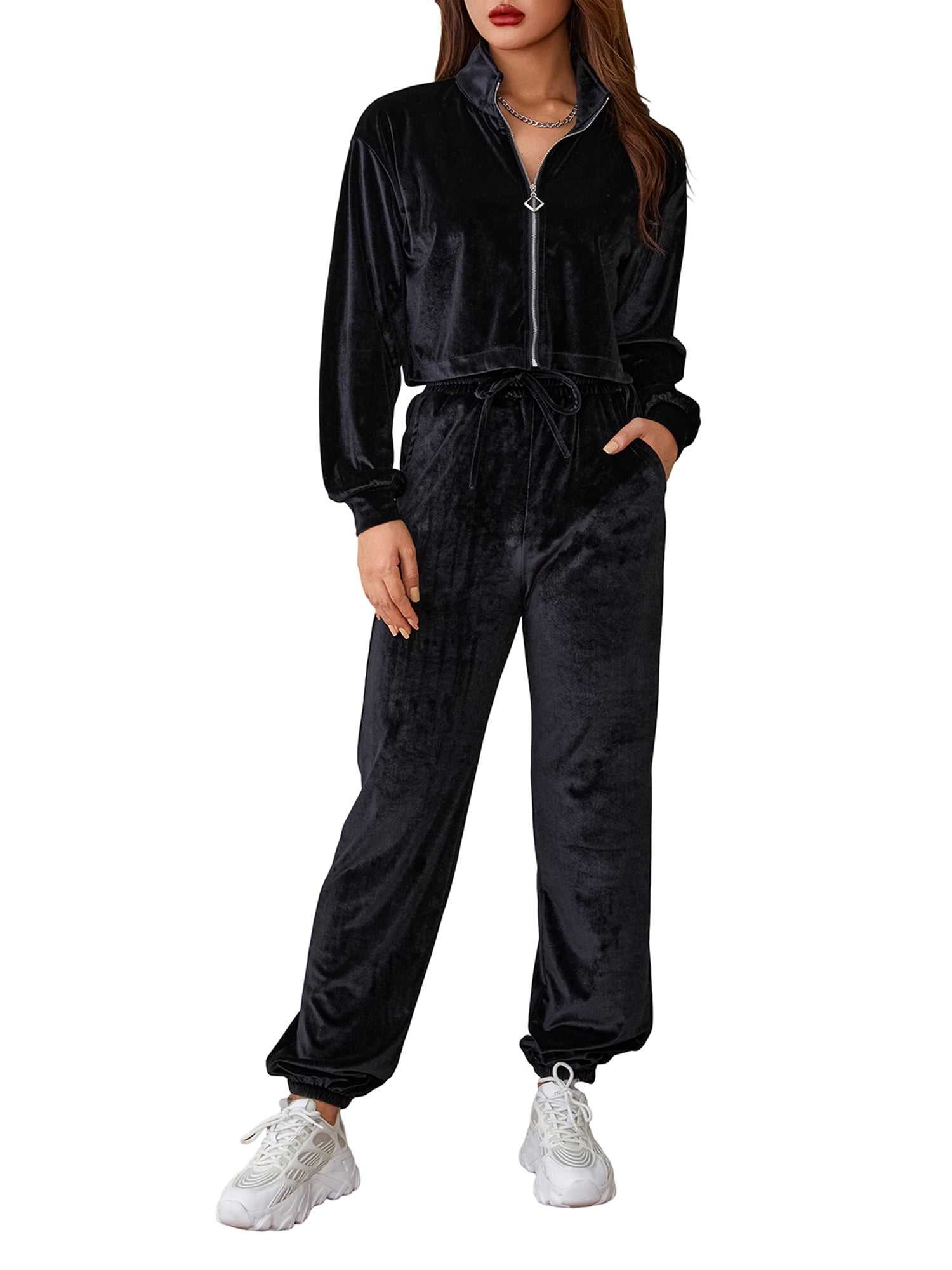 Women 2 Piece Pants Set Velvet Zipper Sweatshirt and Drawstring Pants