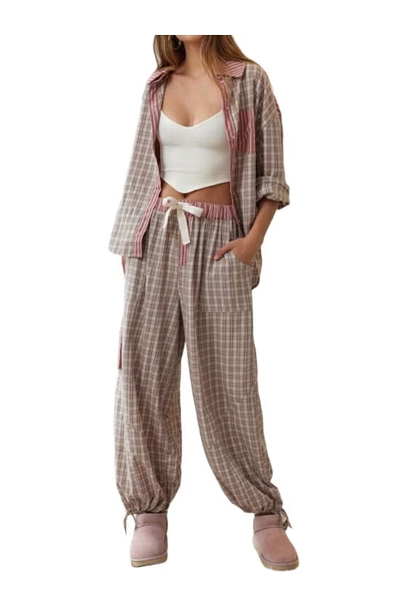 Women 2 Piece Plaid Pajamas Set Y2k Babydoll Shirt Pants Gingham Lounge Set Pink S